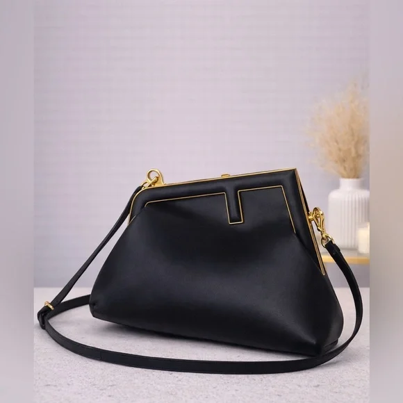 Black Designer-Inspired Crossbody Handbag | Gold Frame Clutch Purse - Picture 1 of 6